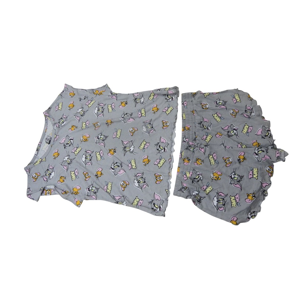 Tom and Jerry Pajama Set Girls Size M 8-10 Gray Cartoon Print Shorts Shirt 2pc